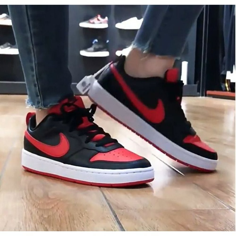 🤩NEW Nike Court Borough Low 2 GS Big Kids 6Y Black Red Retro Shoes BQ5448-007🤩